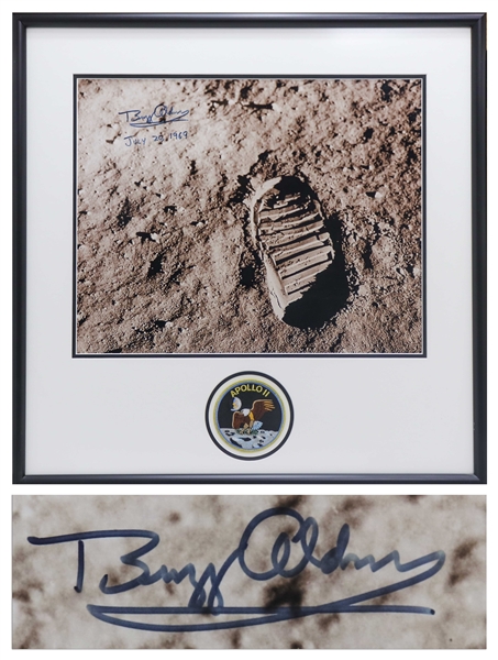Buzz Aldrin Signed 20'' x 16'' Photo of the Footprint Upon the Moon -- Aldrin Also Handwrites the Date of the Moon Landing -- With Novaspace COA